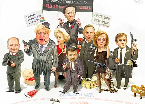 Political cartoon Joe Biden, Zelensky, Boris Johnson, Emmanuel Macron, Olaf Scholz, Liz Truss, Andrzej Duda, Ursula von der Leyen